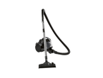 Black cylinder vacuum cleaner with a silver telescopic tube and a flexible hose.
