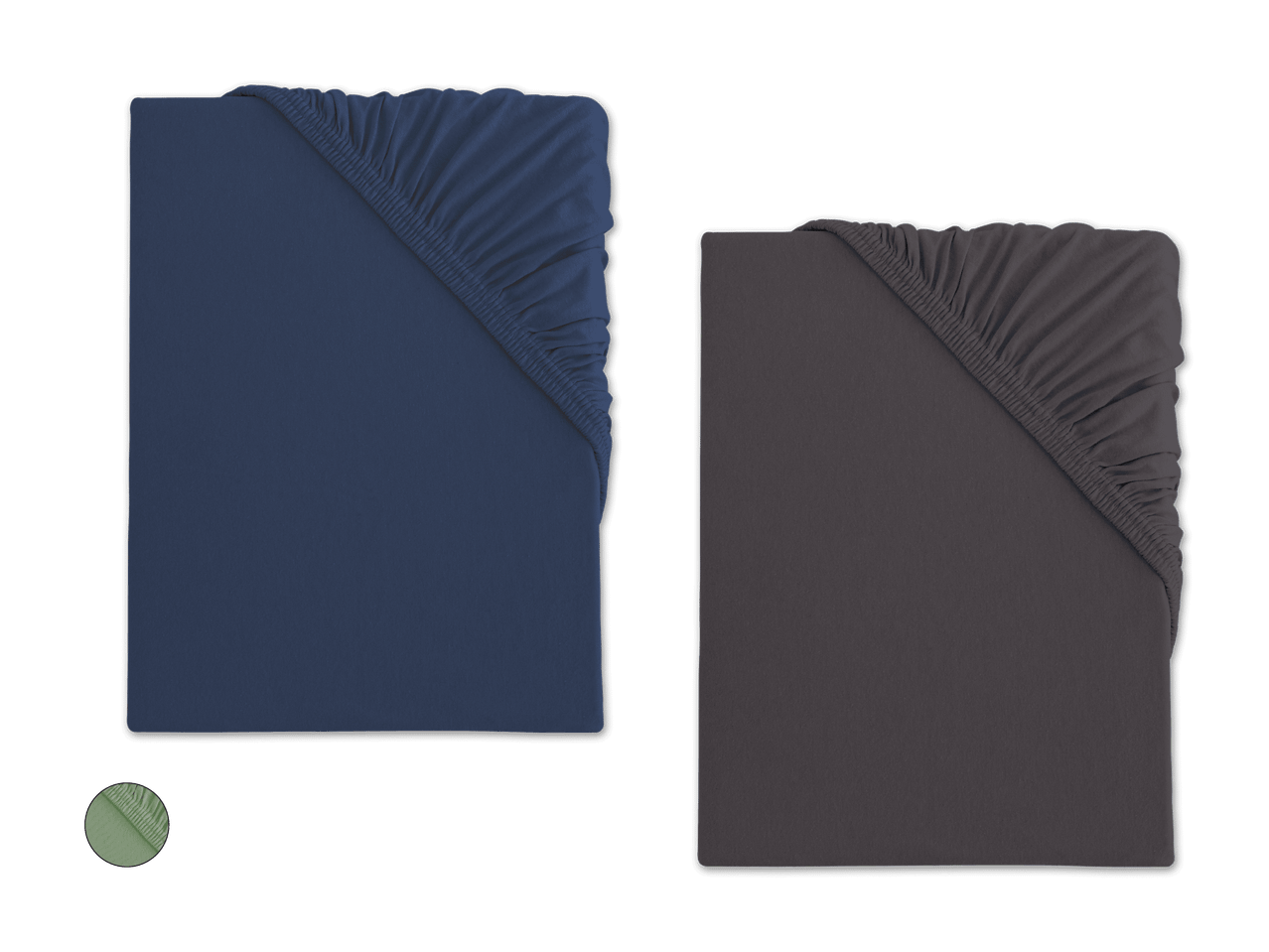 Zwei Spannbettlaken, eines in Marineblau und eines in Anthrazit, mit einem Stoffmuster.