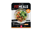 Een maaltijdverpakking met kip teriyaki, rijst en broccoli, met de tekst 'High Protein' en 'Regular'.