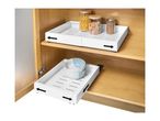 Two white, adjustable pull-out cabinet organizers on wooden shelves.