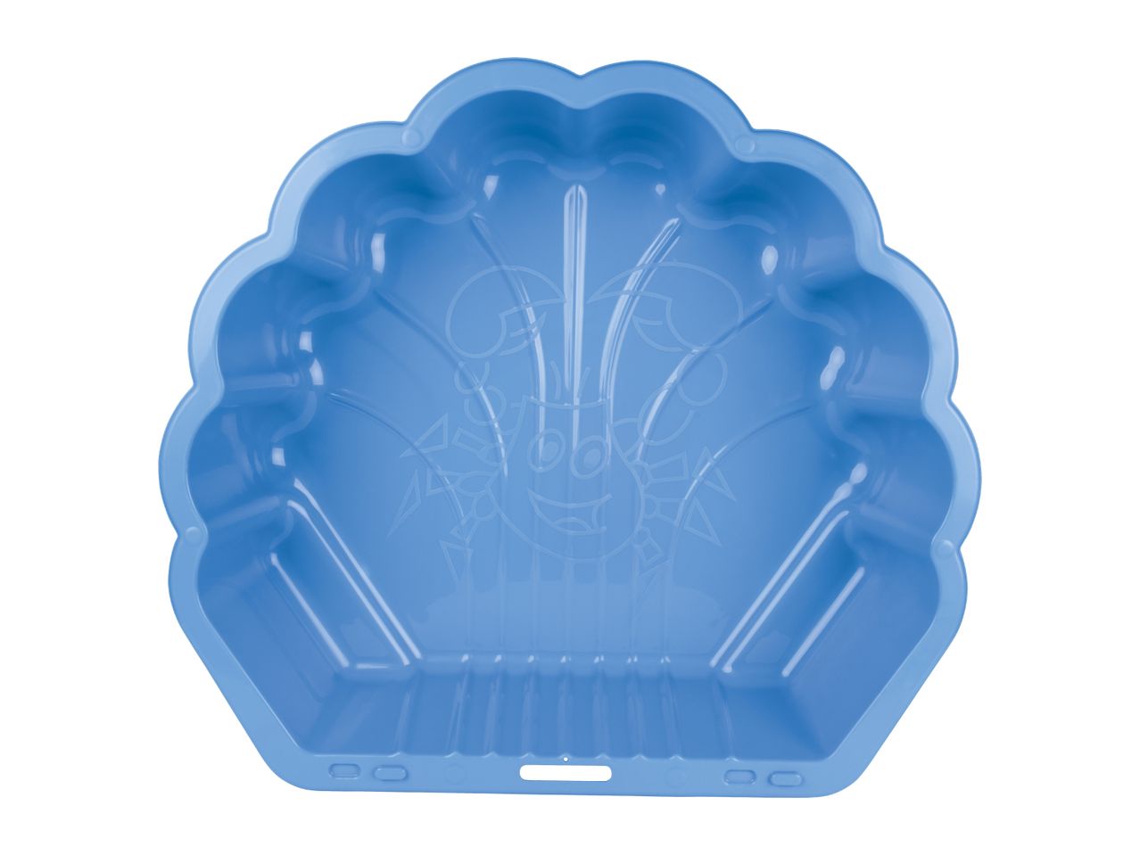 Blue plastic shell-shaped sand mold with a sun and crab design inside