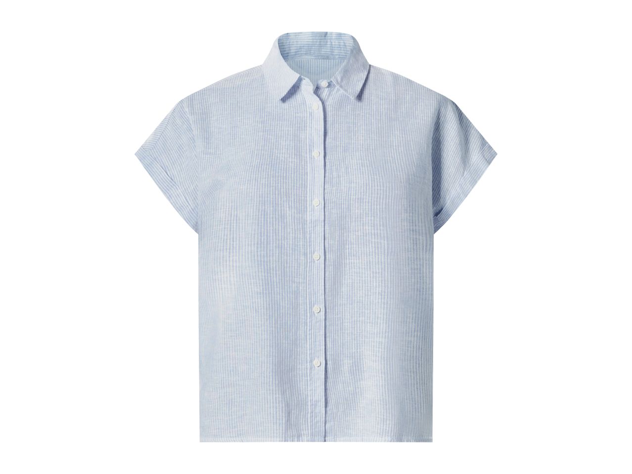 Light blue striped short-sleeved shirt with white buttons