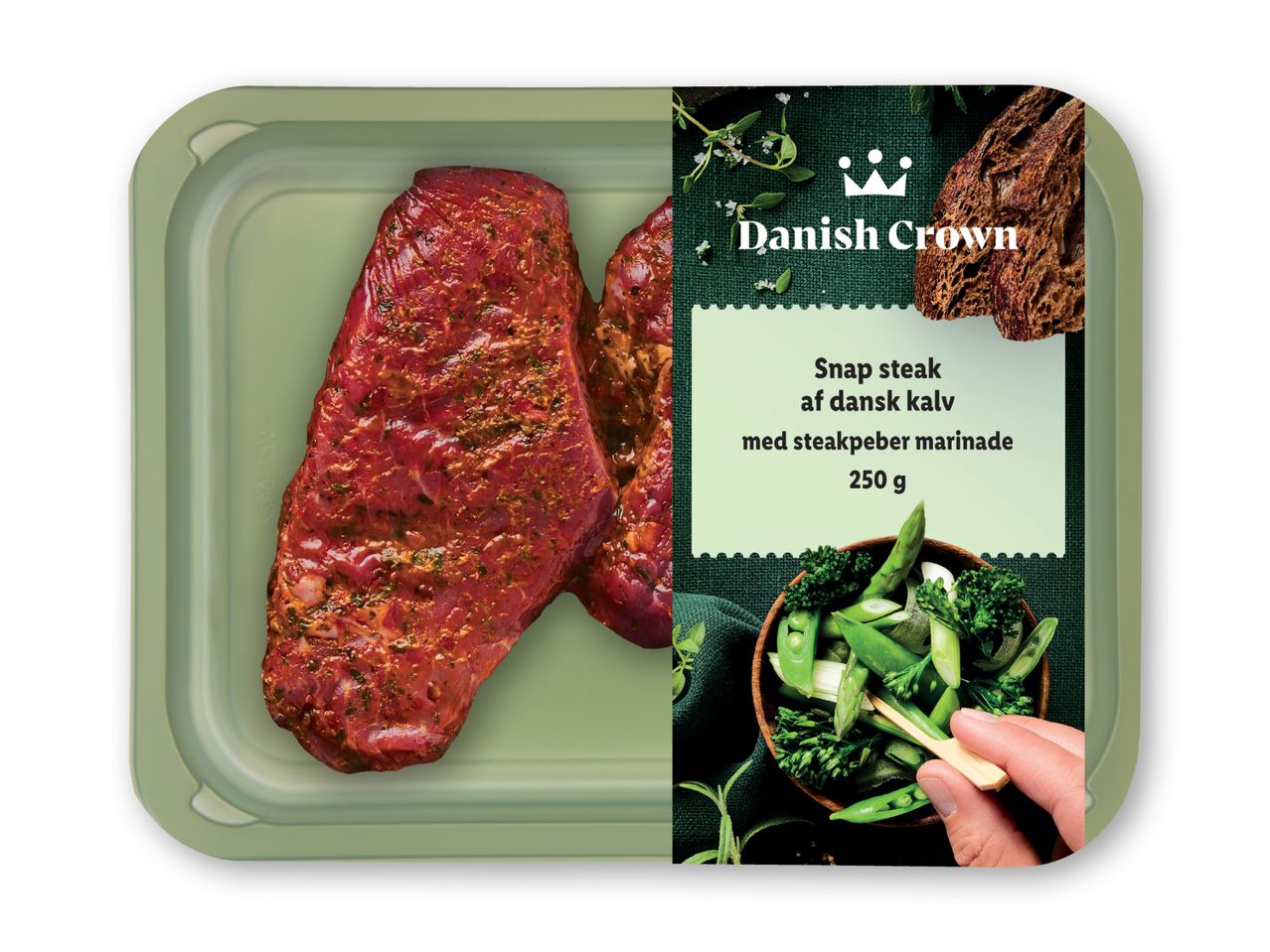 To stykker Dansk Crown oksekød i en emballage.