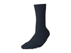 A single dark blue crew sock shown in a foot shape against a white background.