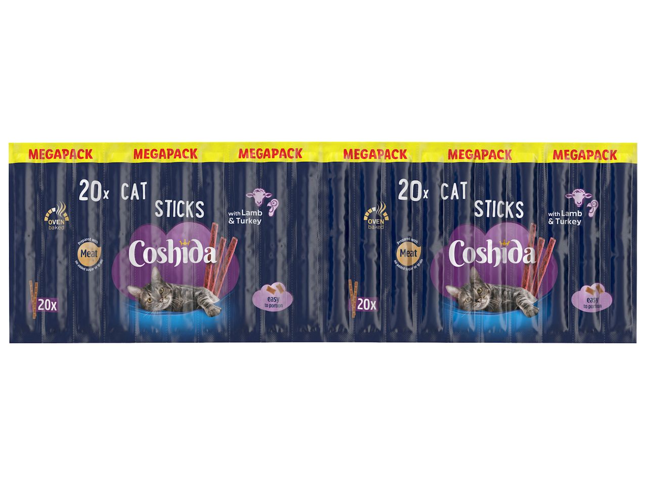 Coshida λιχουδιές για γάτες: 2 mega συσκευασίες των 20 sticks, αρνί & γαλοπούλα.