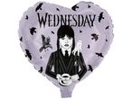 Heart-shaped balloon featuring Wednesday Addams, Thing, and a raven.