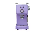 A lavender-colored, retro-style espresso machine.