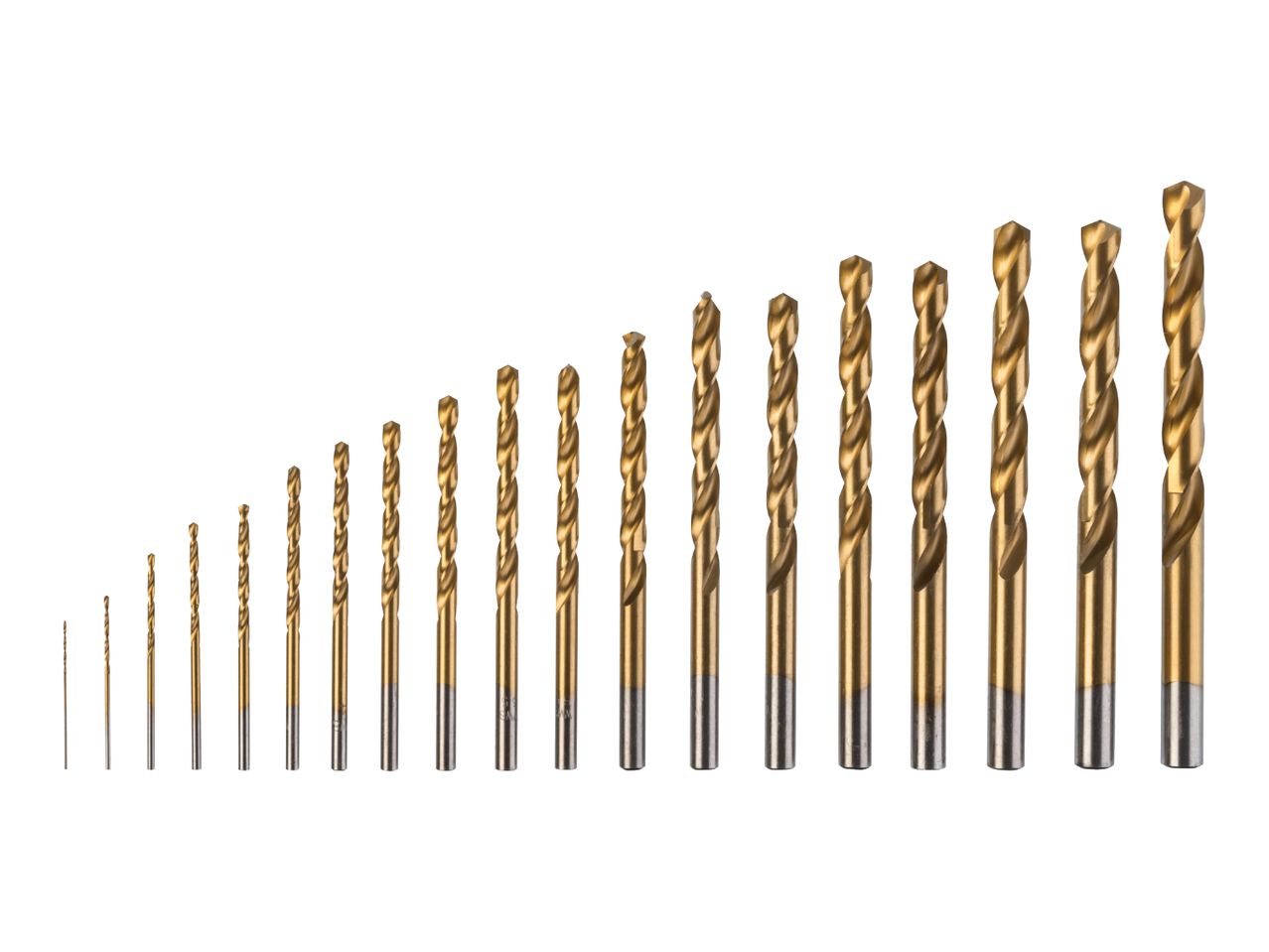 A set of golden drill bits of various sizes, arranged from smallest to largest.
