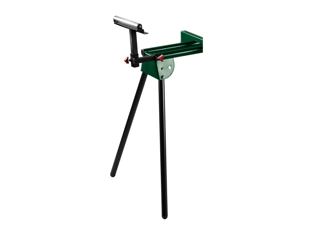 Green and black roller stand with adjustable height and support for woodworking.