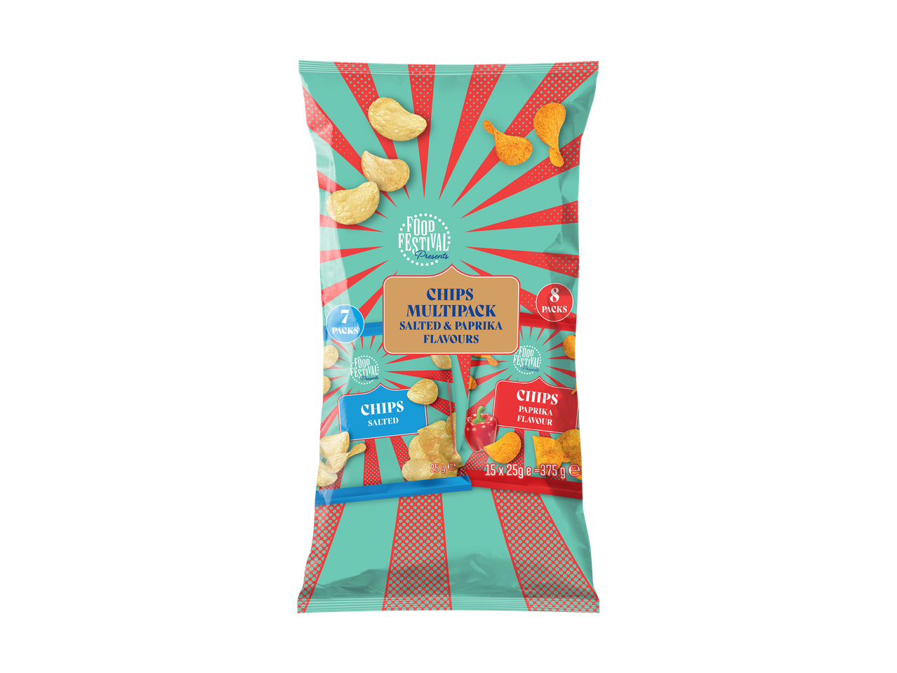 Un multipack de chips salées et paprika, avec 7 paquets salés et 8 paquets paprika.