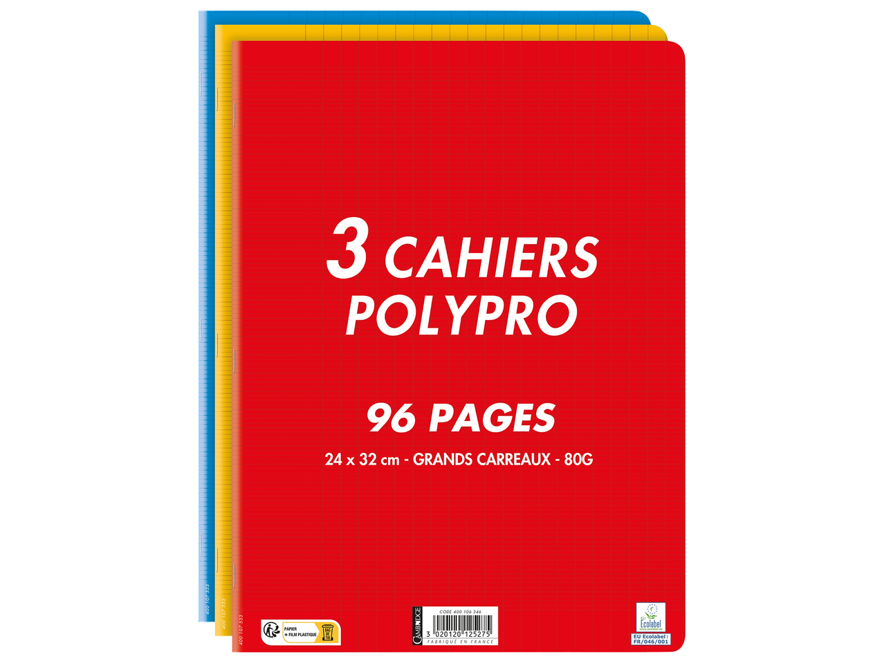 Lot de 3 cahiers polypro de 96 pages, 24x32 cm, grands carreaux, 80g.