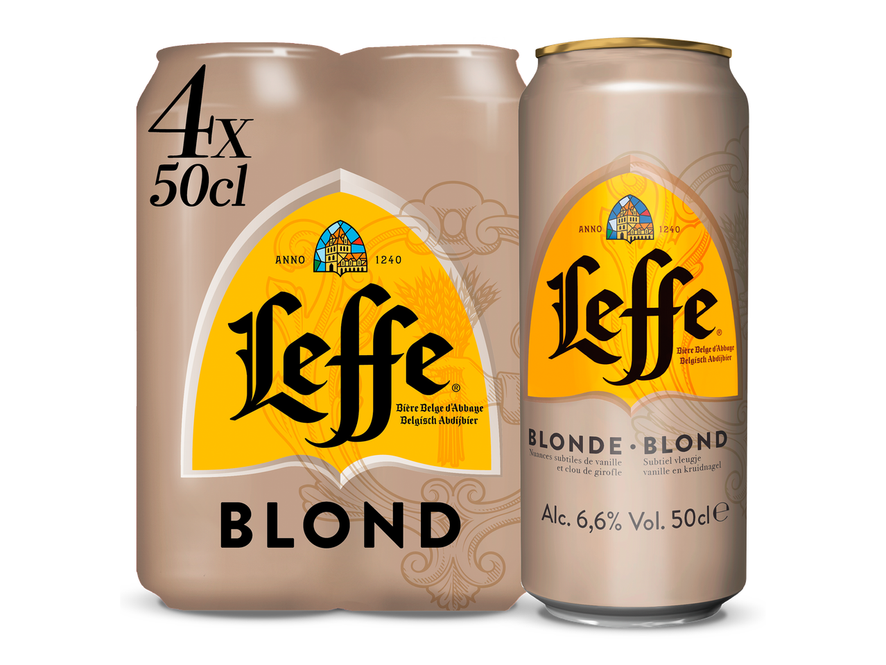 Een 4-pack en een los blikje blond abdijbier met 6,6% alcohol en een inhoud van 50cl.
