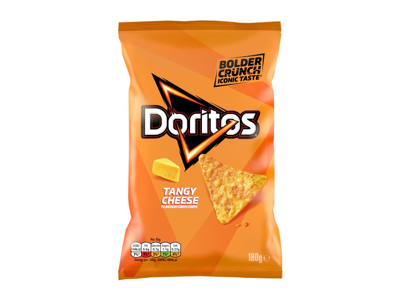 Orange bag of tangy cheese flavour corn chips with nutritional information and a weight of 180g.