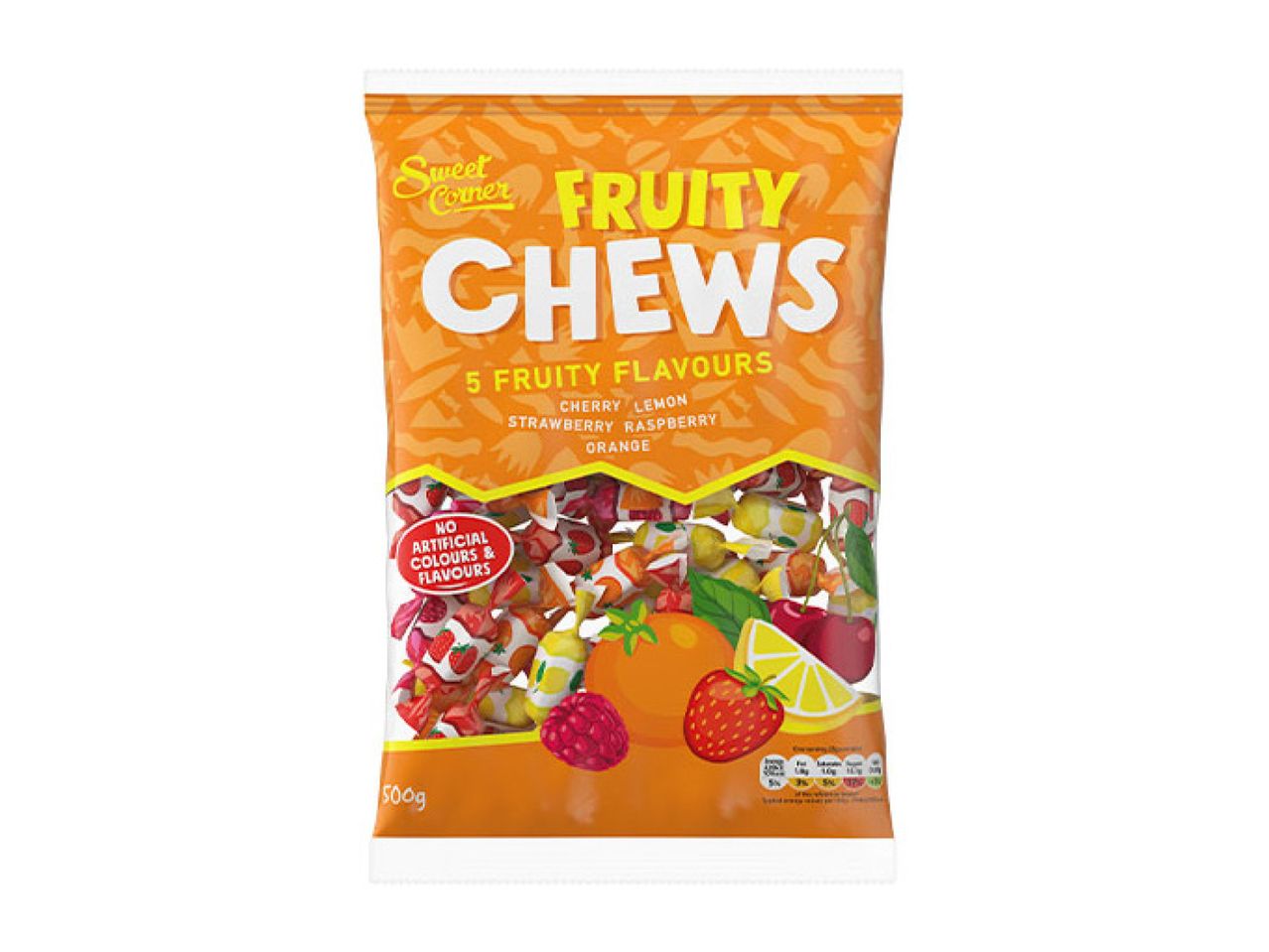 Orange bag of fruity chews with 5 flavours: cherry, lemon, strawberry, raspberry, and orange.