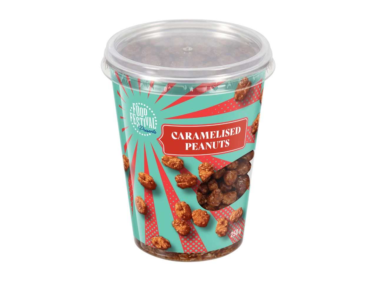 A clear plastic tub of caramelised peanuts with a teal and red label, 250g.