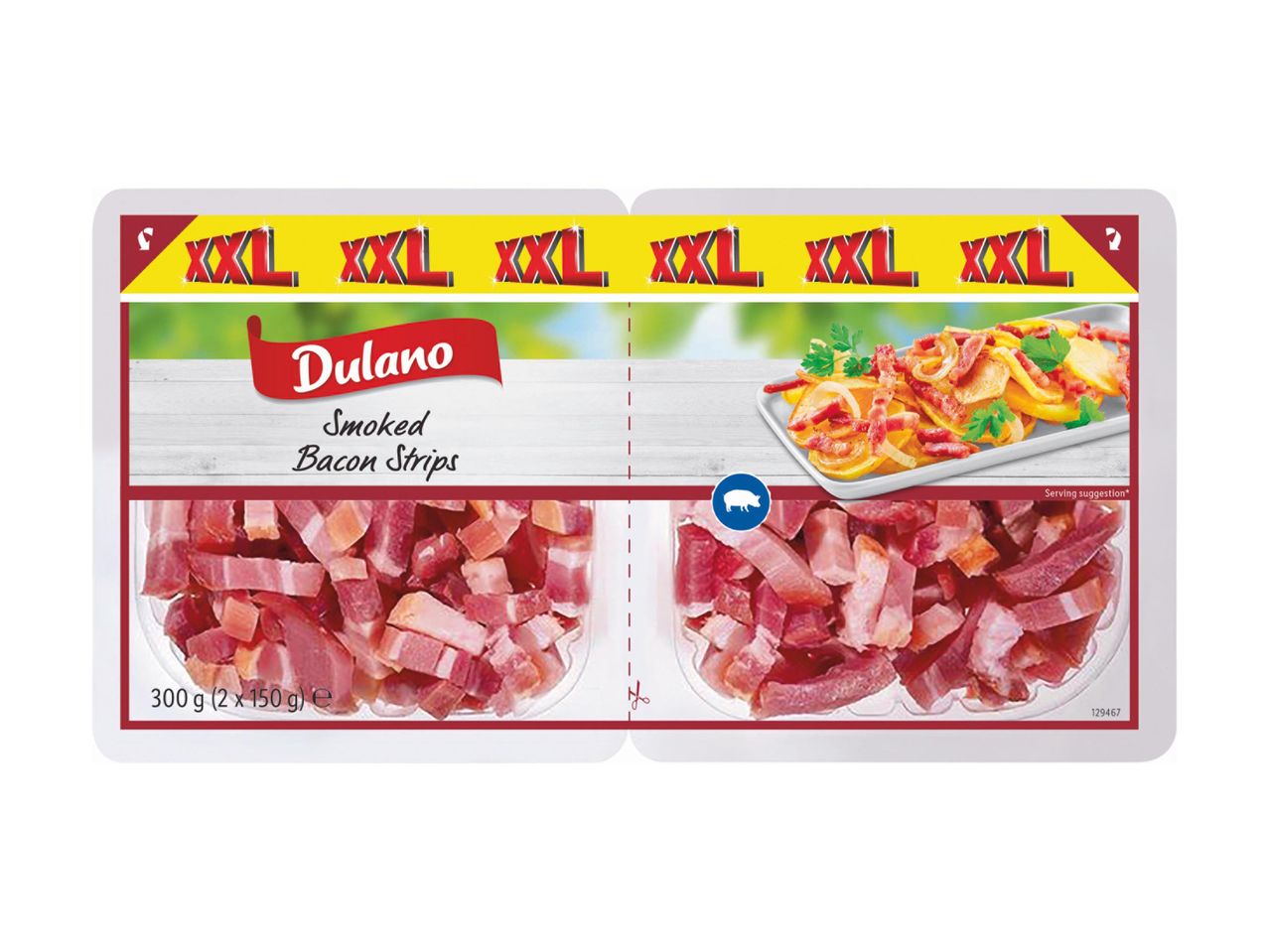 Dulano füstölt bacon csíkok, 300g-os XXL kiszerelésben, tálalási javaslattal.