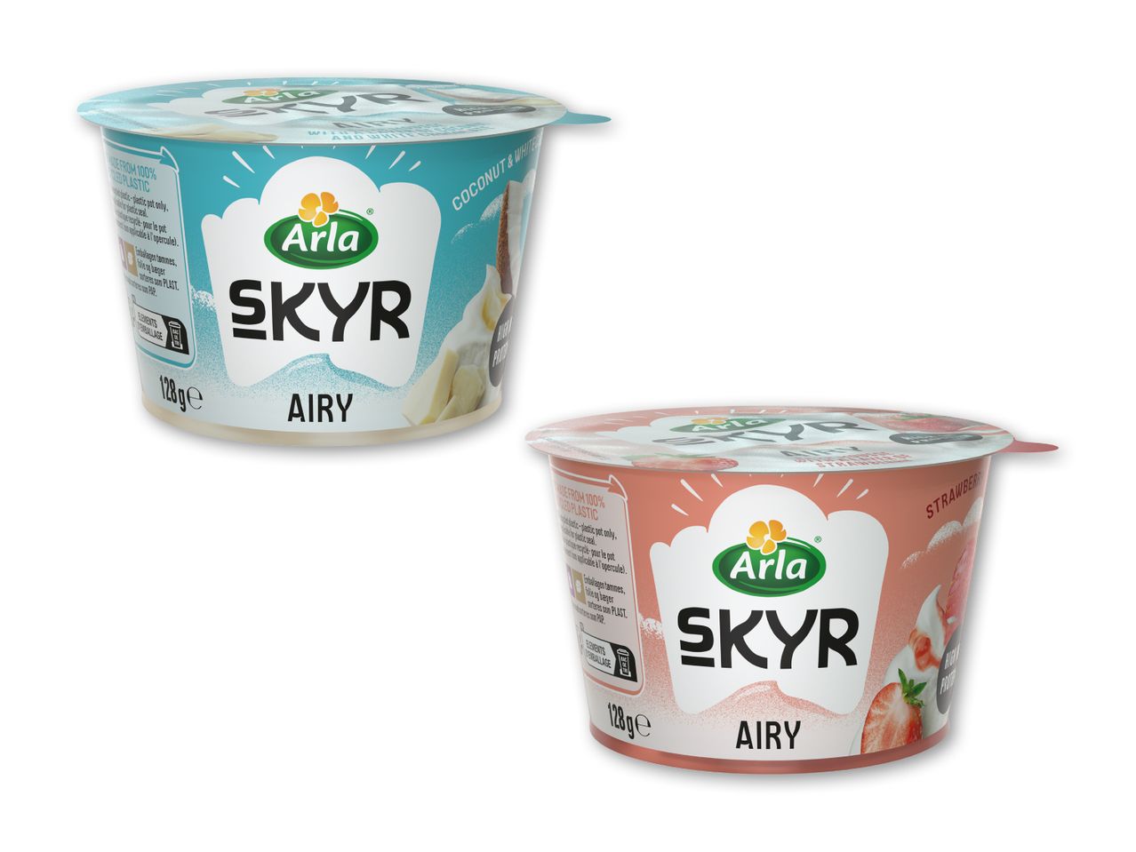 To Arla Skyr Airy yoghurtbægre: kokos & hvid chokolade og jordbær.