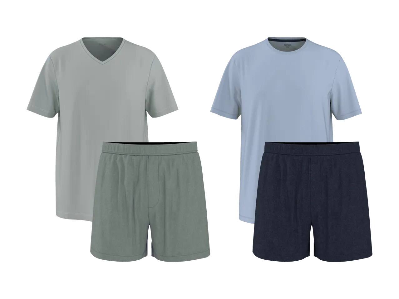 Zwei Sets aus T-Shirts und Shorts für Herren: eines hellgrau und eines hellblau/dunkelblau.