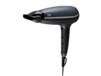Secador de cabelo preto com detalhes dourados e botões de controlo de temperatura e velocidade.