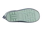 Bottom view of a light green and dark blue children's rain boot with a textured sole.
