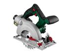 Cordless circular saw with a green and black handle, red adjustment knobs, and a silver blade guard.