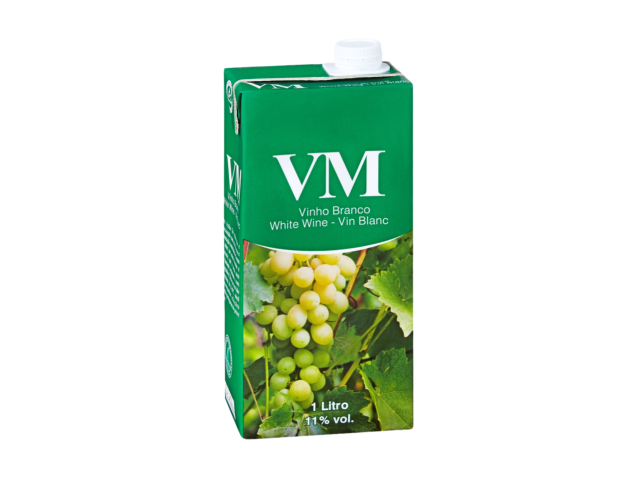 Caixa de vinho branco de 1 litro com 11% de volume, com imagem de uvas verdes.