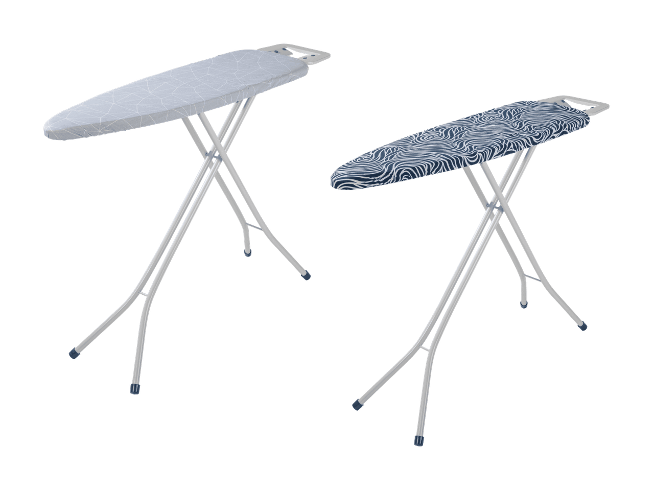 Deux planches à repasser avec des housses à motifs, une grise et une bleue.