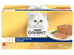 Кутия с пастет за котки с различни вкусове, включително говеждо, риба тон, черен дроб и пуешко.