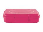 A closed, rectangular pink lunch box with a textured surface.