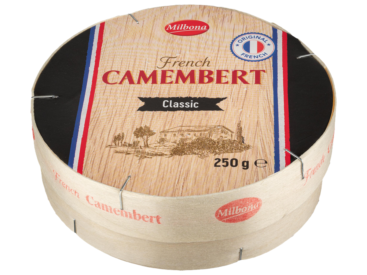 Kerek francia camembert sajt dobozban, klasszikus felirattal és 250 g-os súllyal.