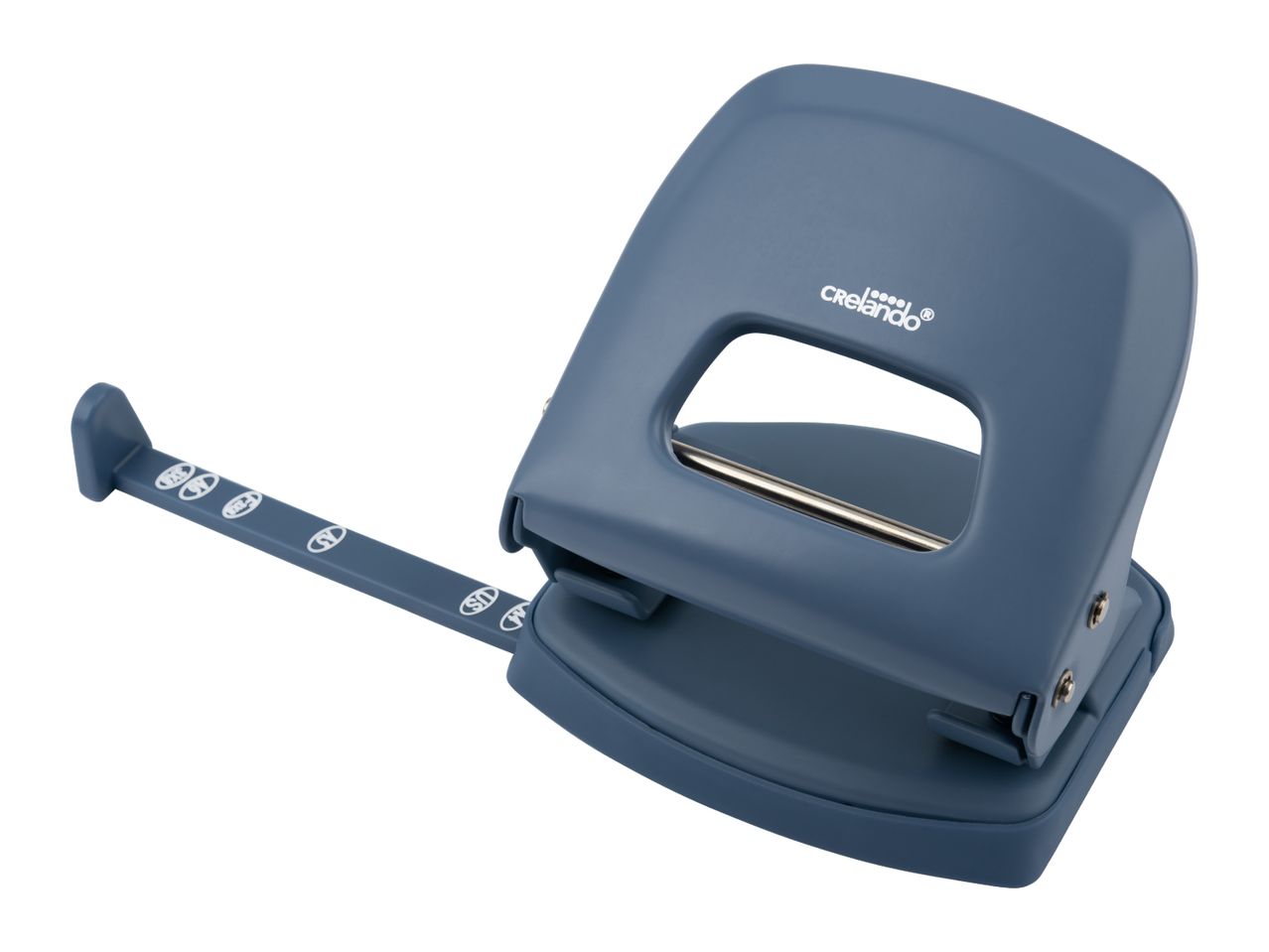A blue hole puncher with a paper guide, featuring a silver punching bar and a white logo.
