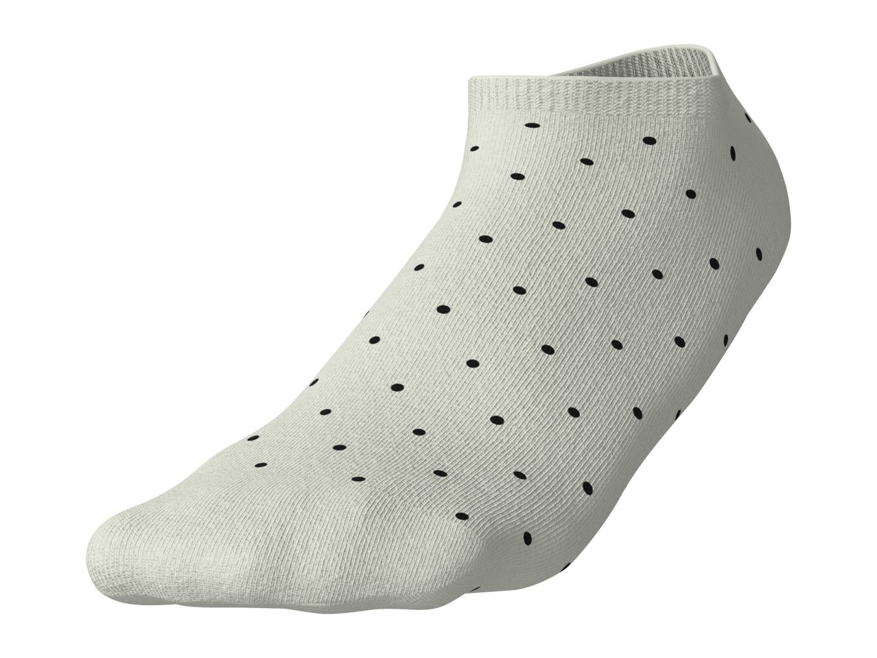 White ankle sock with black polka dots.