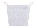 White plastic storage basket with handles and a grey geometric pattern