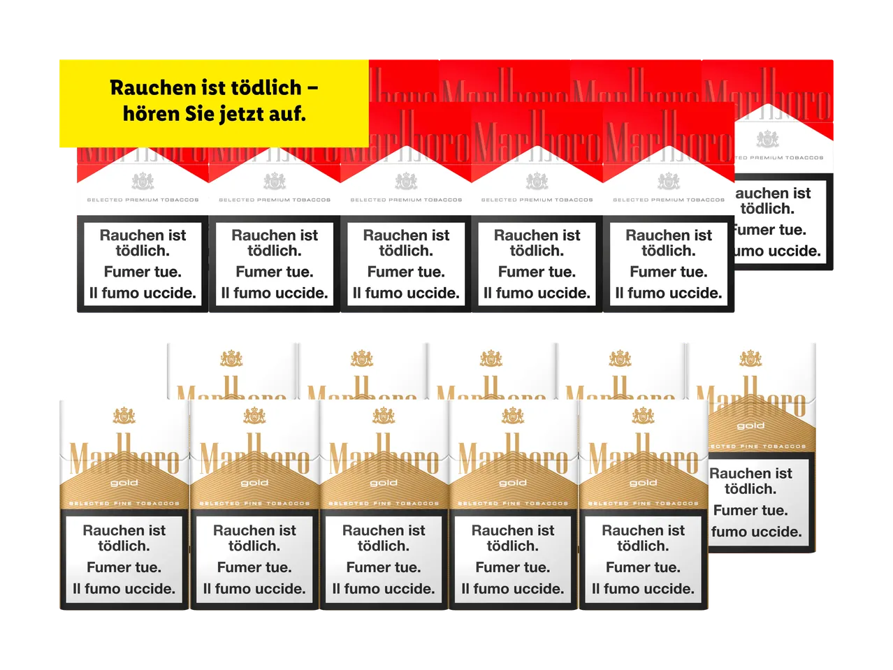 Ein Werbeplakat für Marlboro-Zigaretten mit roten und goldenen Packungen und Gesundheitswarnungen.