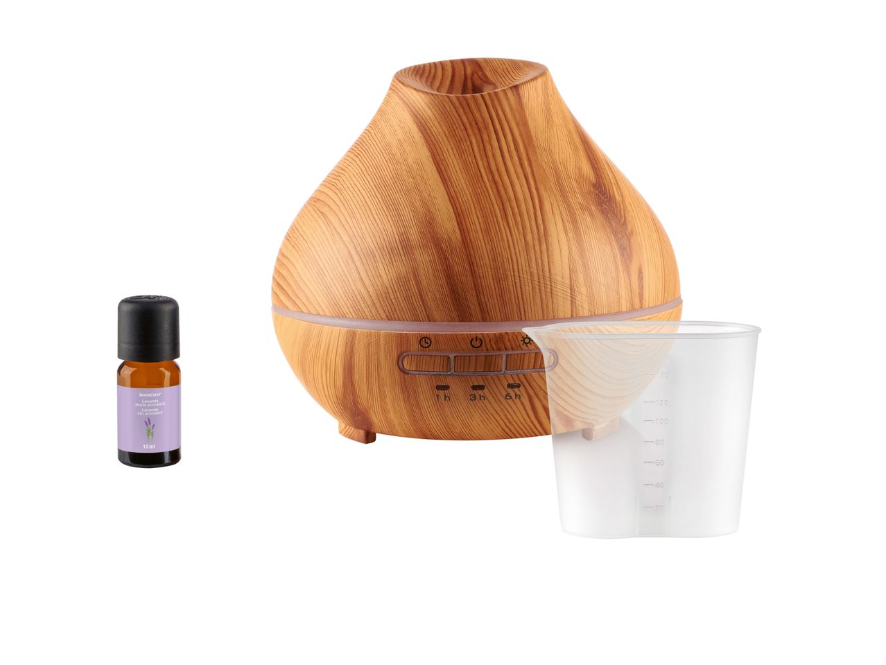 Umidificatore ad ultrasuoni con aromaterapia in legno con flacone di olio essenziale e misurino.