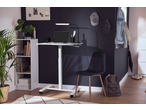 Secretária com portátil e candeeiro LED LIVARNO, cadeira, prateleira com plantas e decorações.
