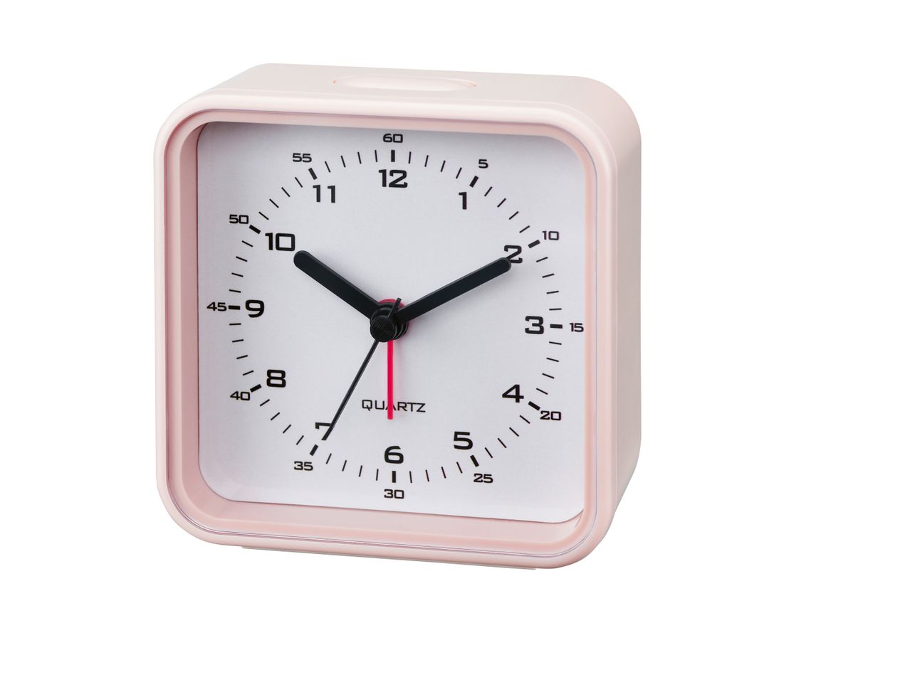 A pink square alarm clock.