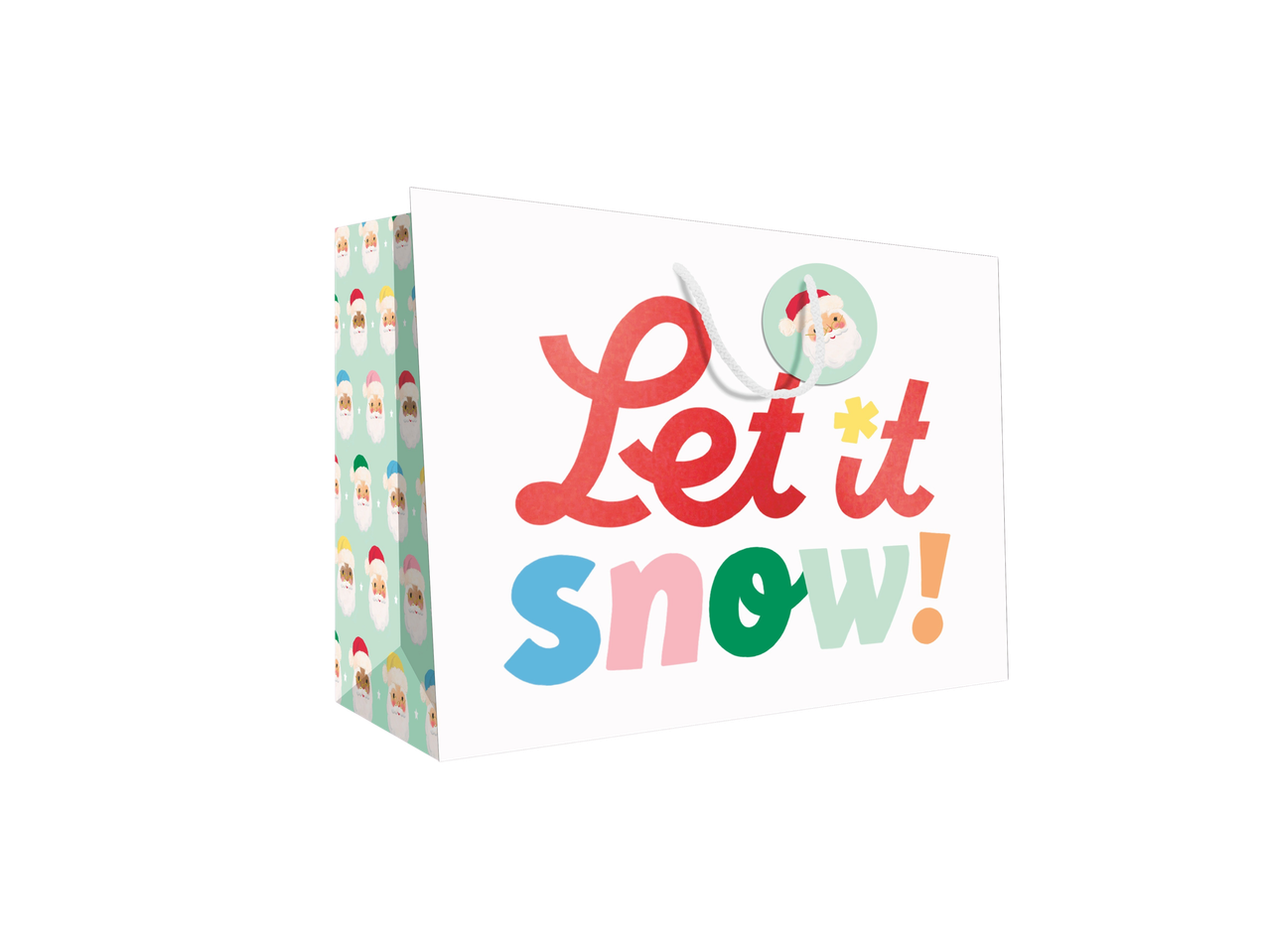 A large kids' gift bag with a Santa Claus pattern and 'Let it snow!' text.