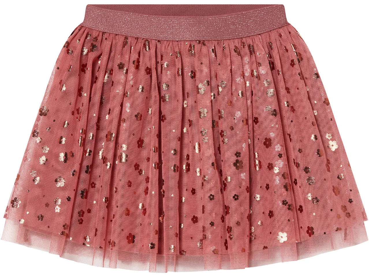 Gonna rosa in tulle con paillettes a forma di fiore e fascia in vita glitterata.
