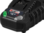 Prim-plan al unui încărcător de baterii negru Parkside X 20V Team 4.5 A max cu lumini indicatoare verzi și clare.