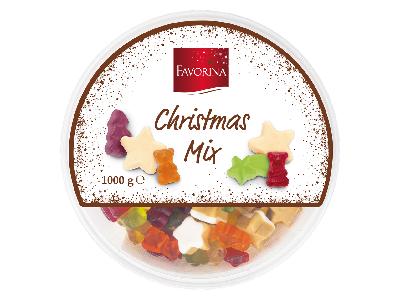 Favorina Kalėdinis mišinys želė saldainių apvalioje pakuotėje, 1000g.