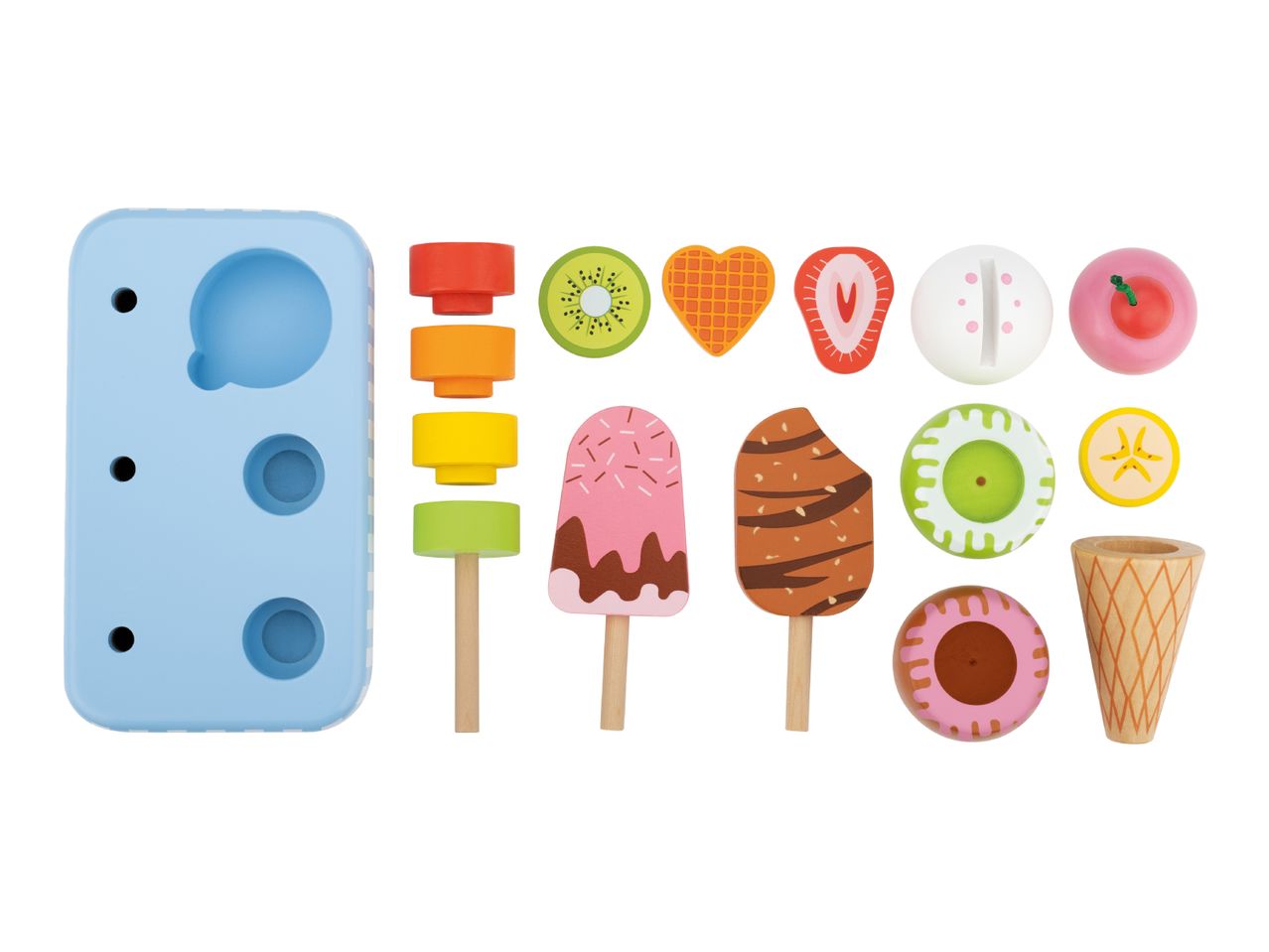 Wooden ice cream and popsicle play set with various toppings and a blue mold.