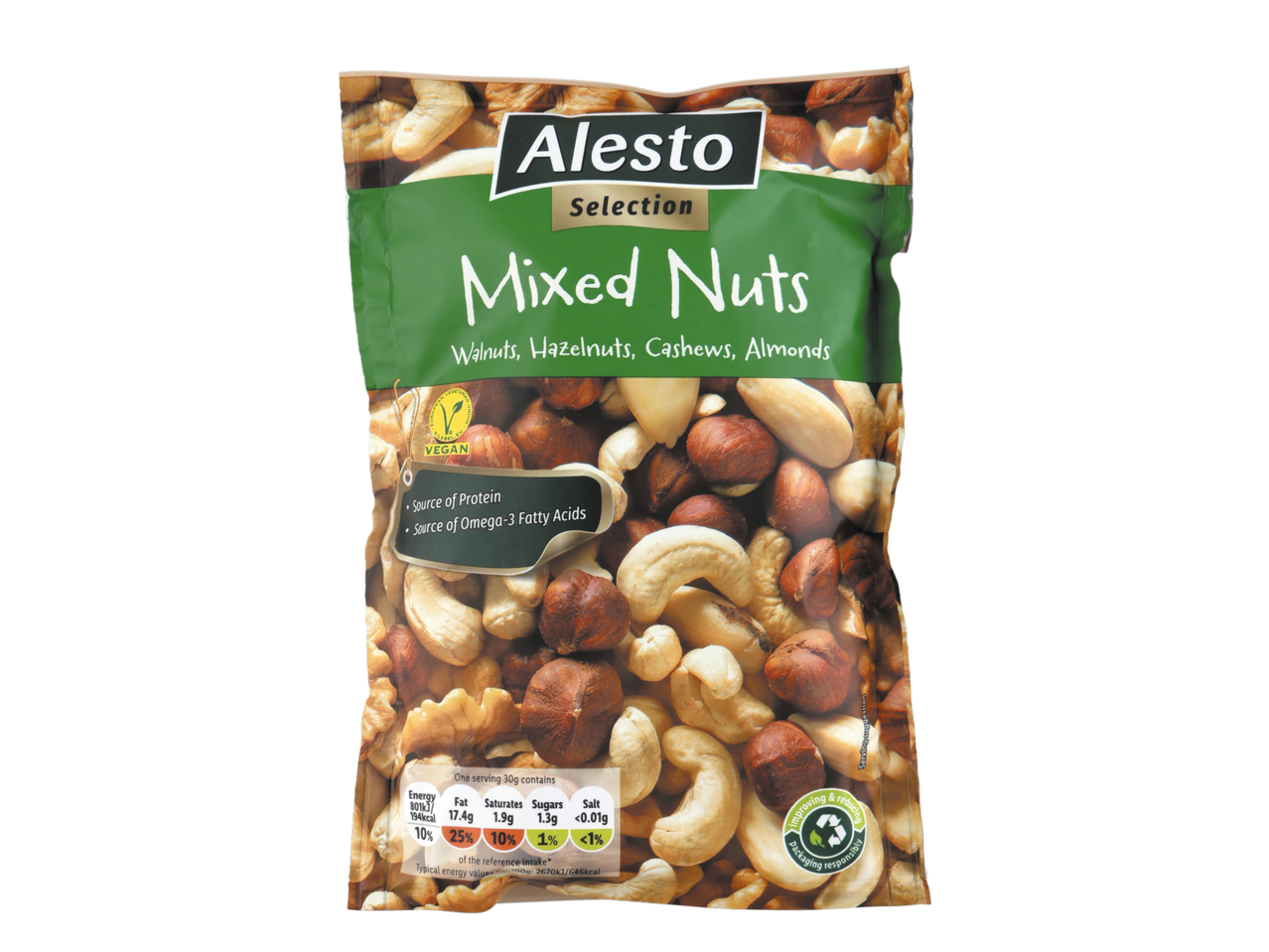 Alesto Selection Mixed Nuts with walnuts, hazelnuts, cashews, and almonds.