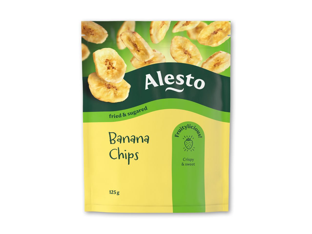 Pakke med bananchips, der viser sprøde, stegte og sukkerholdige bananskiver.