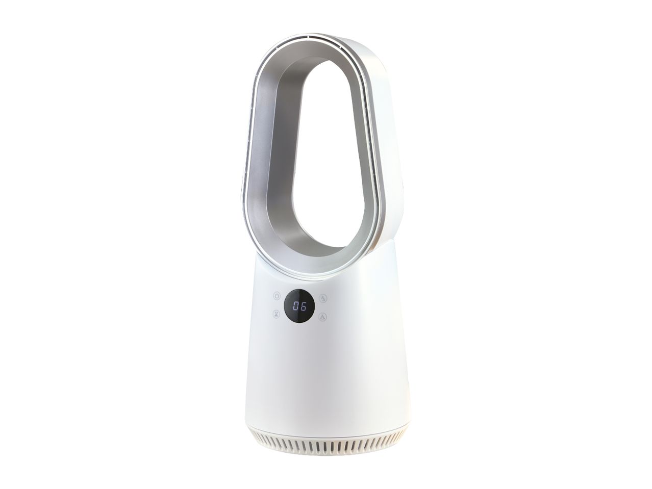White bladeless tower fan with a digital display showing '06'.
