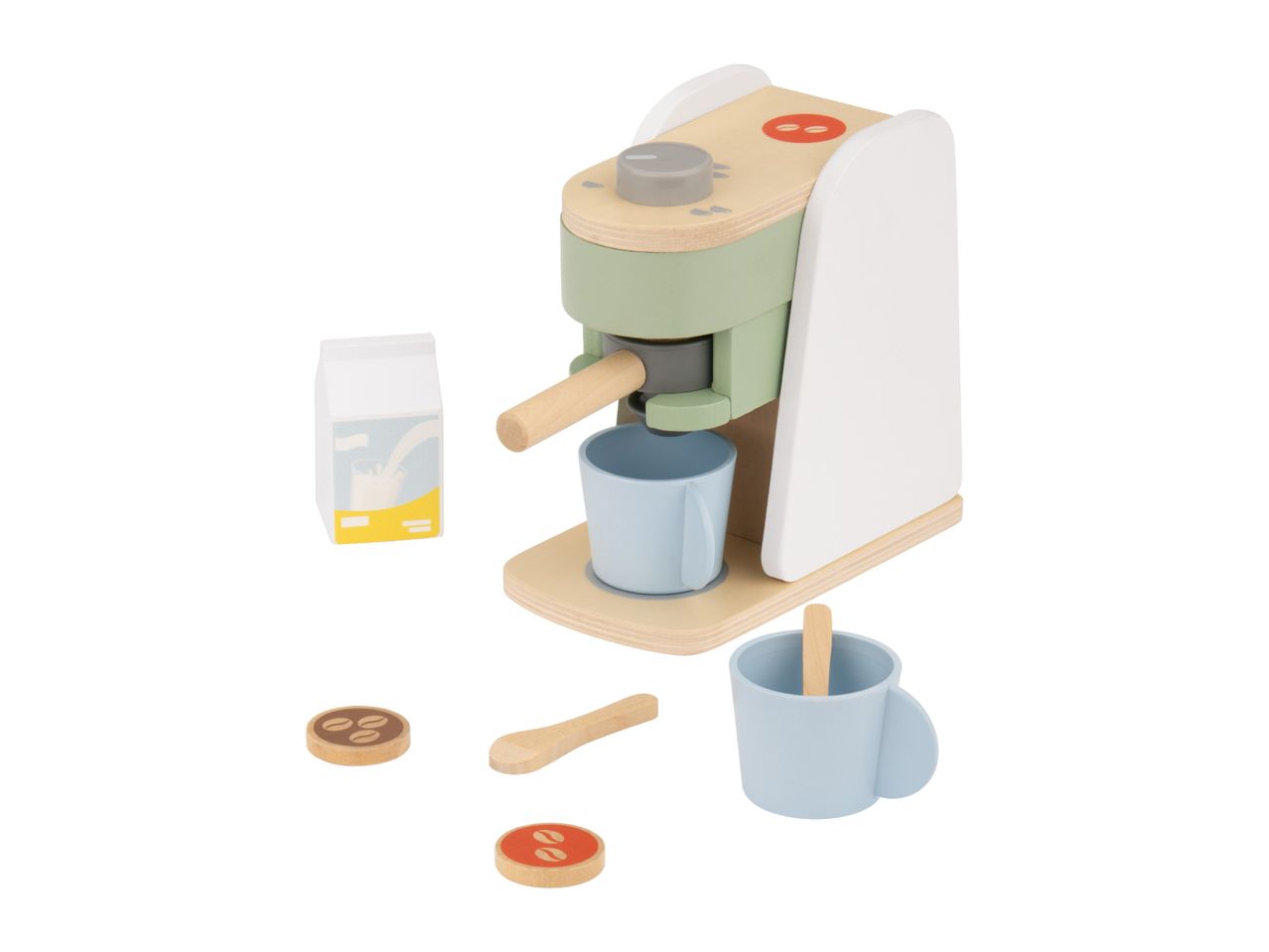 Wooden toy coffee machine set with cups, milk carton, and coffee bean tokens.