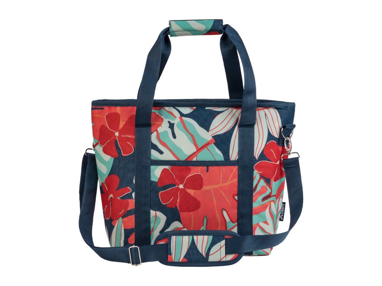 Floral patterned cooler bag with red flowers and blue leaves, featuring top handles and a shoulder strap.