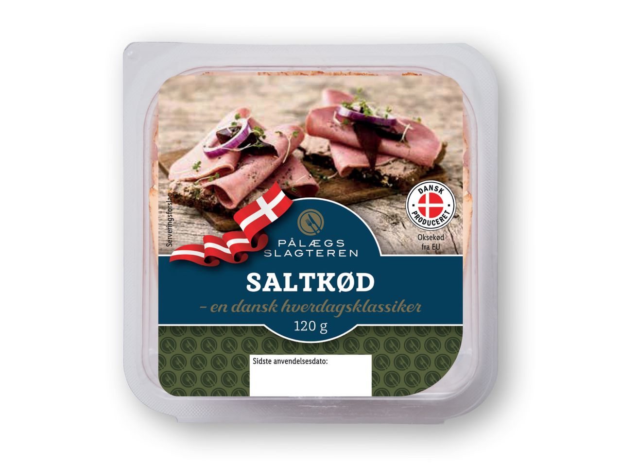 Pålægspakke med saltkød, mærket 'Pålægs Slagteren' og 'Danish Produceret'.