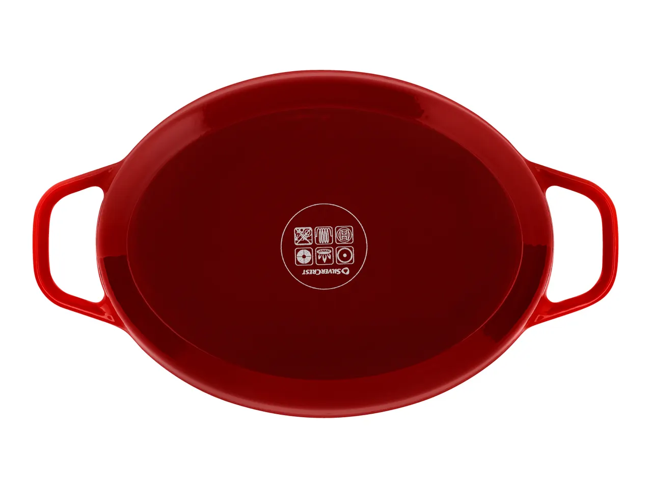 Red oval casserole dish with handles and cooking symbols on the bottom.
