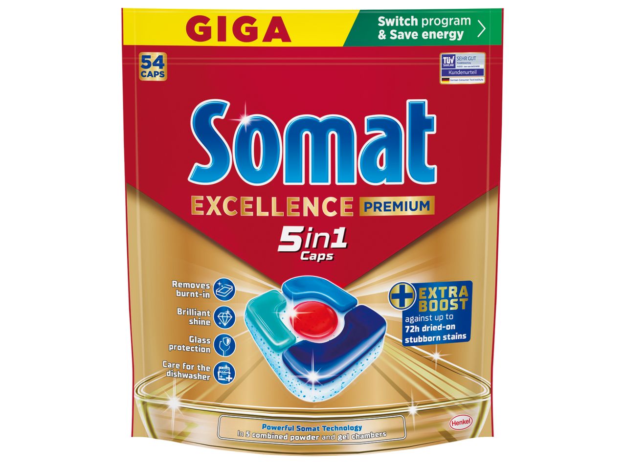 Опаковка на Somat Excellence Premium 5in1 капсули за съдомиялна машина, 54 броя, с функции за премахване на загорели остатъци и блясък.